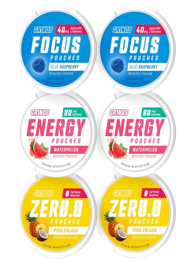 GRINDS Pouches Performance Sampler Pack - Includes Watermelon Energy, Caffeine-Free Piña Colada and Blue Raspberry Nootropic Pouches - Sugar-Free - Zero Calories - Image 1